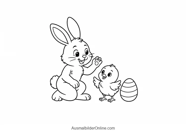 Osterhase winkt einem Küken neben einem gestreiften Ei zu