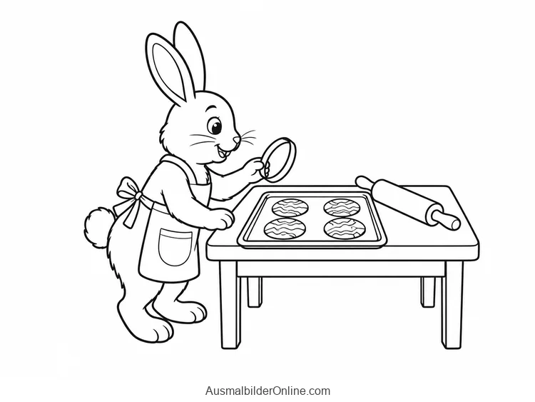 Osterhase mit Schürze hält eine Ausstechform über einem Blech mit eiförmigen Keksen