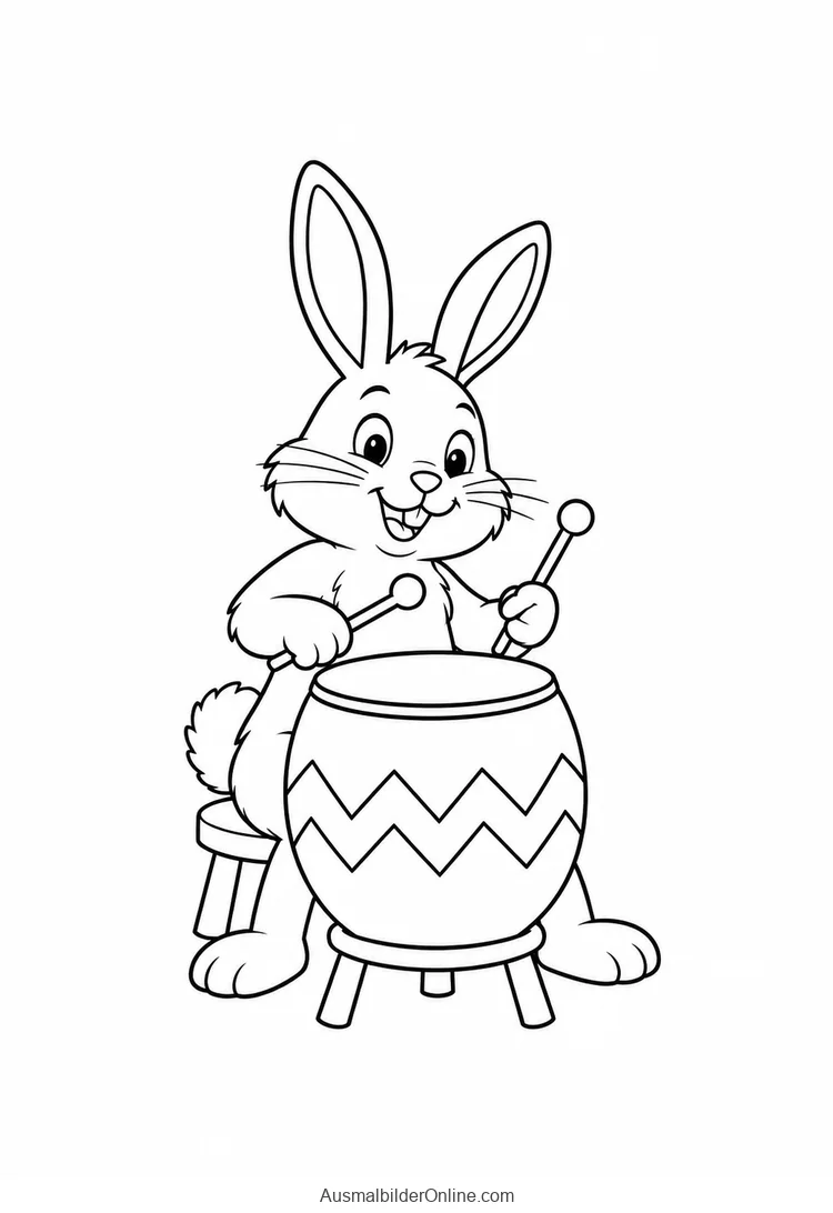 Osterhase spielt mit zwei Schlägeln auf einer eiförmigen Trommel