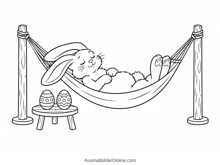 Osterhase schläft in einer Hängematte neben einem Hocker mit zwei Ostereiern
