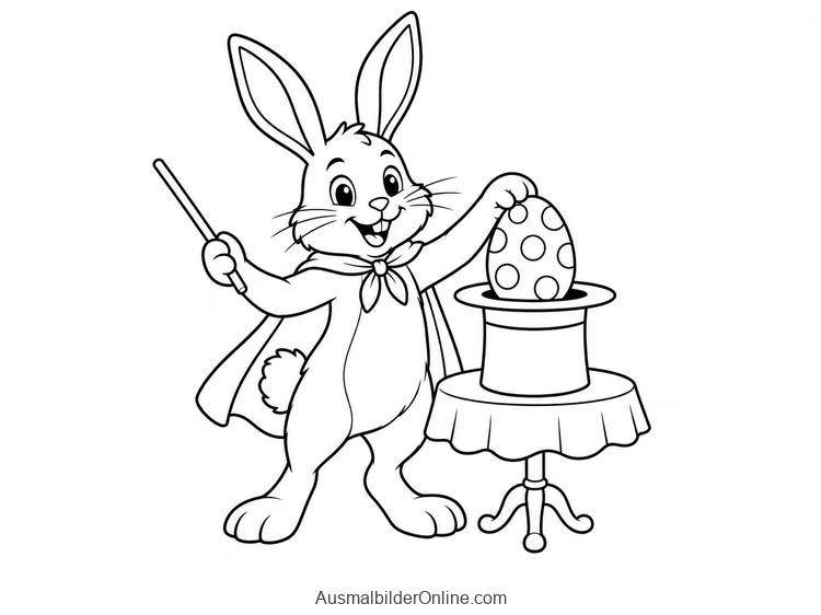Osterhase mit Umhang zaubert ein gepunktetes Ei aus einem Zylinder