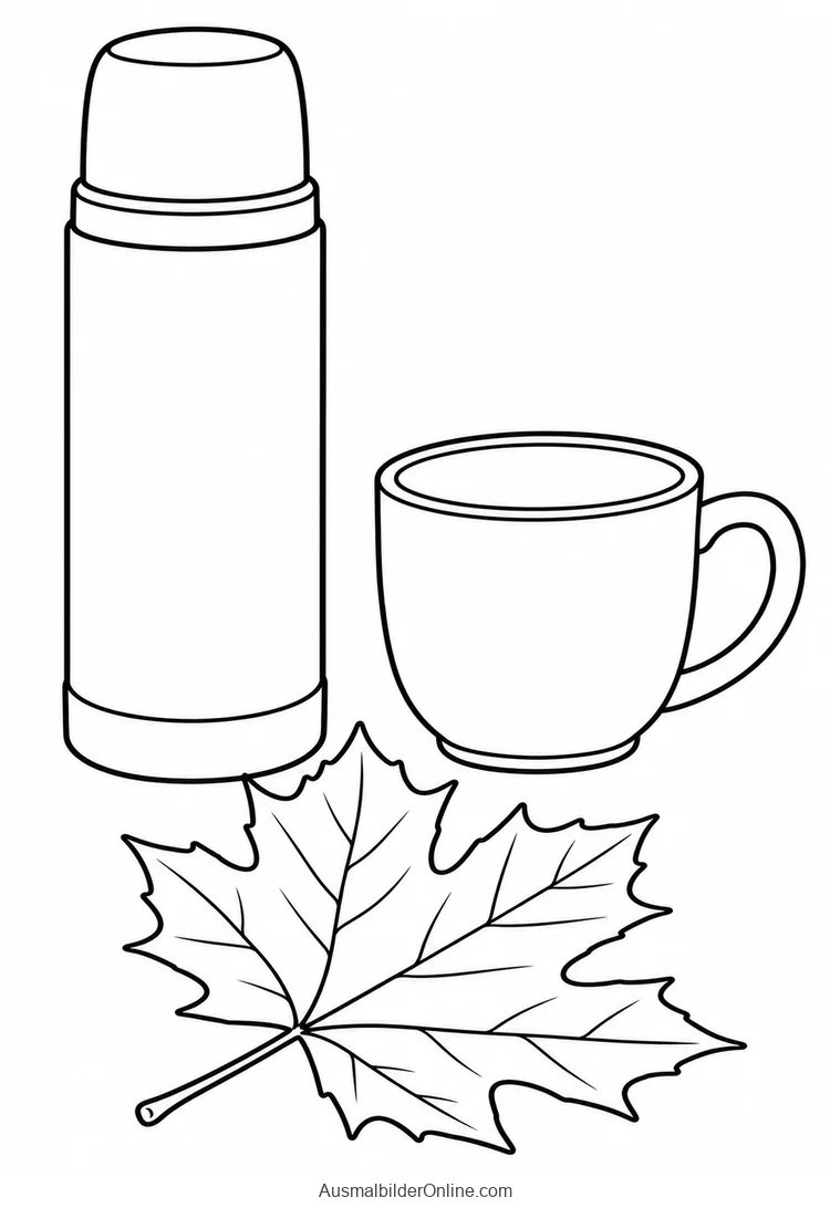 Thermosflasche und Tasse stehen neben einem großen Ahornblatt