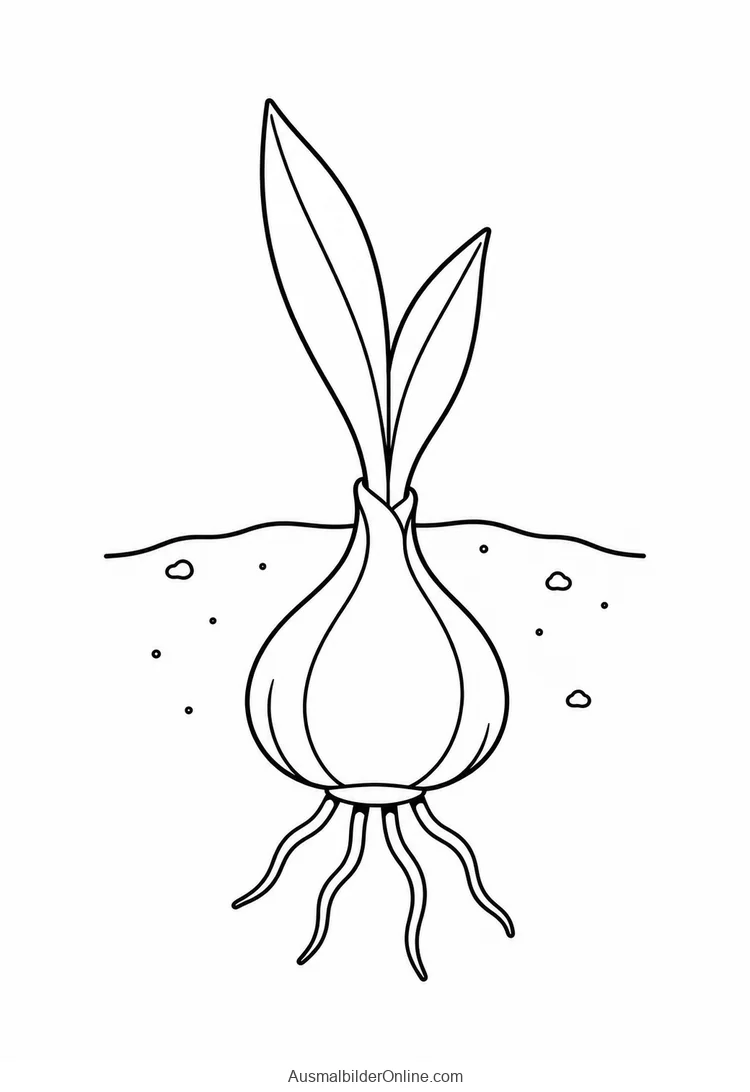Tulpenzwiebel mit Wurzeln und jungem Austrieb im Erdquerschnitt