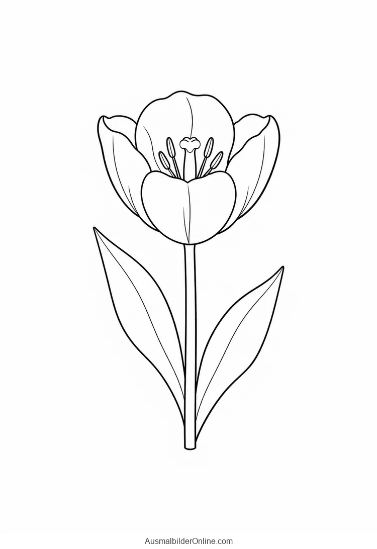 Offene kelchförmige Tulpenblüte mit zwei langen Blättern