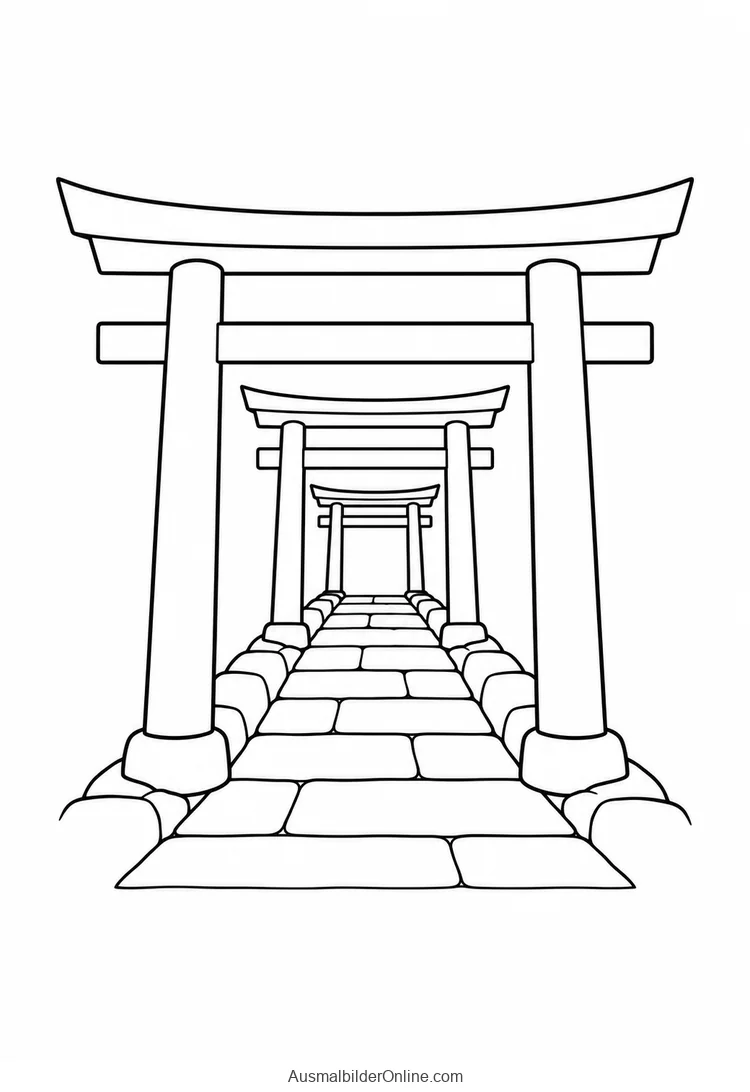 Ein Weg führt durch mehrere hintereinander stehende Torii-Tore