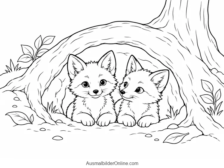 Waldtierfamilie: zwei Fuchswelpen am Bau unter einer Wurzel.
