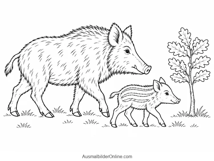 Waldtierfamilie: Wildschweinmutter mit gestreiftem Frischling unter einer Eiche.