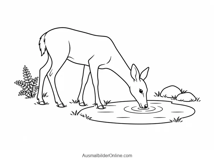 Ein Reh trinkt an einem kleinen Waldteich.