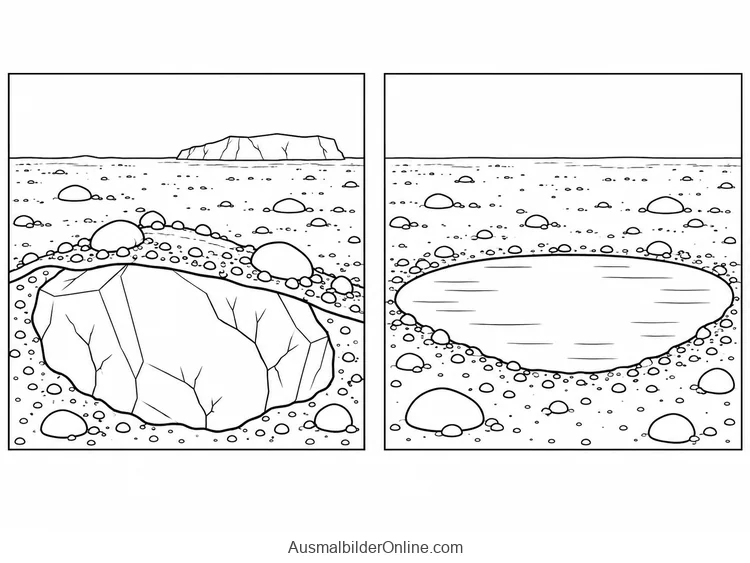 Zweiteiliges Landschaftsbild mit Eisblock im Schotter und der späteren wassergefüllten Senke