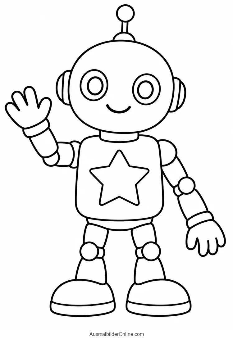 Winkender Roboter mit rundem Kopf und Sternplatte auf dem Bauch