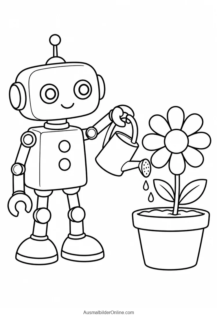 Gartenroboter gießt eine große Blume im Topf