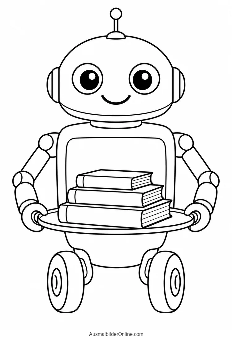 Rollender Roboter trägt drei Bücher auf einem Tablett
