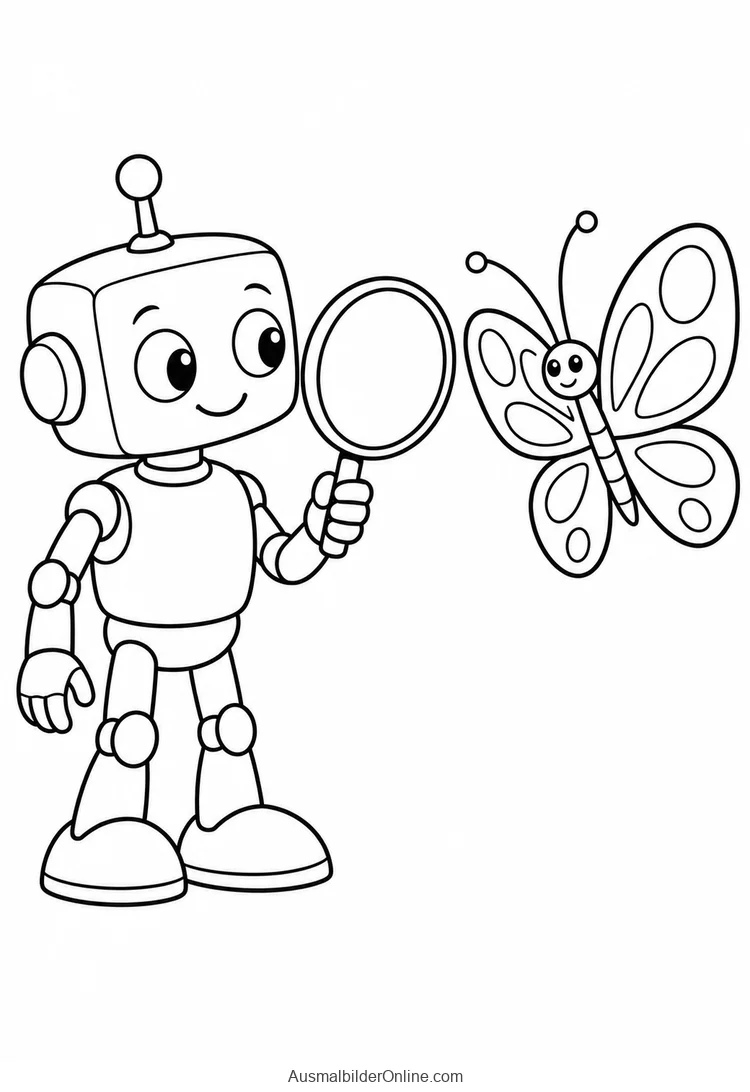 Roboter betrachtet einen Schmetterling mit einer Lupe