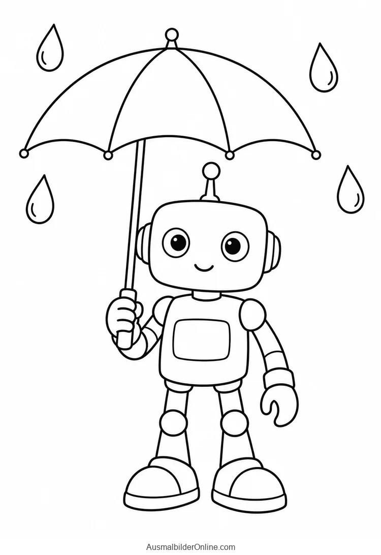 Freundlicher Roboter hält einen geöffneten Regenschirm über dem Kopf
