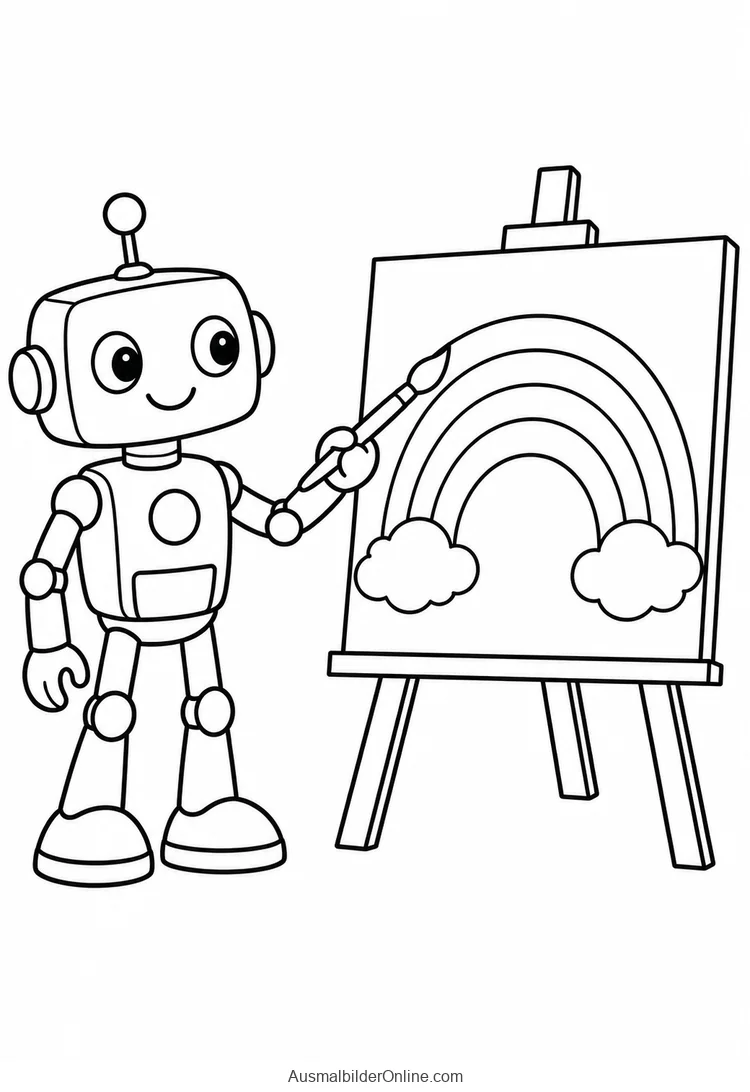 Roboter malt mit einem Pinsel einen Regenbogen auf eine Leinwand