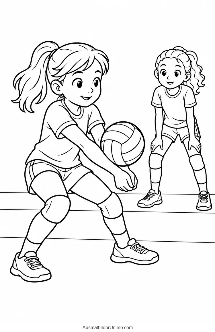 Volleyballspielerin hält die Unterarme zum Ball vor einer Mitspielerin