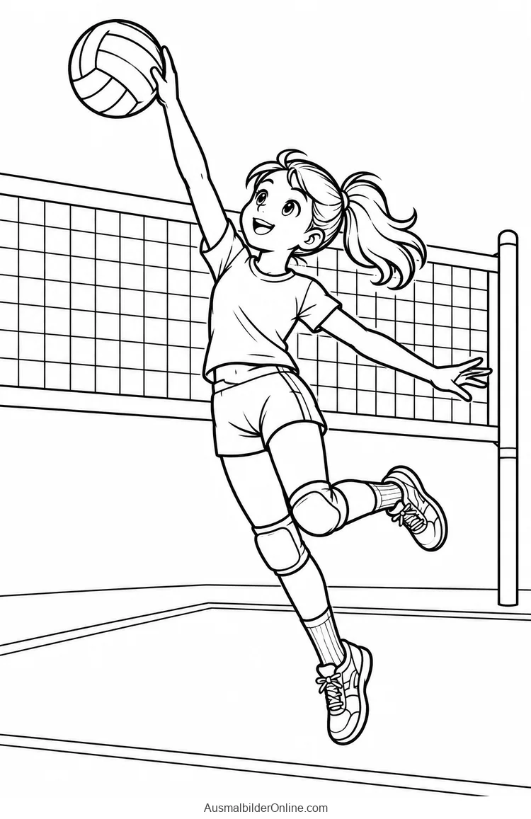 Volleyballspielerin springt mit ausgestrecktem Arm und Ball am Netz