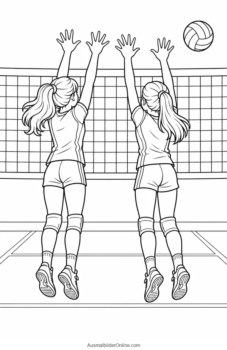 Zwei Volleyballspielerinnen springen mit erhobenen Händen vor dem Netz