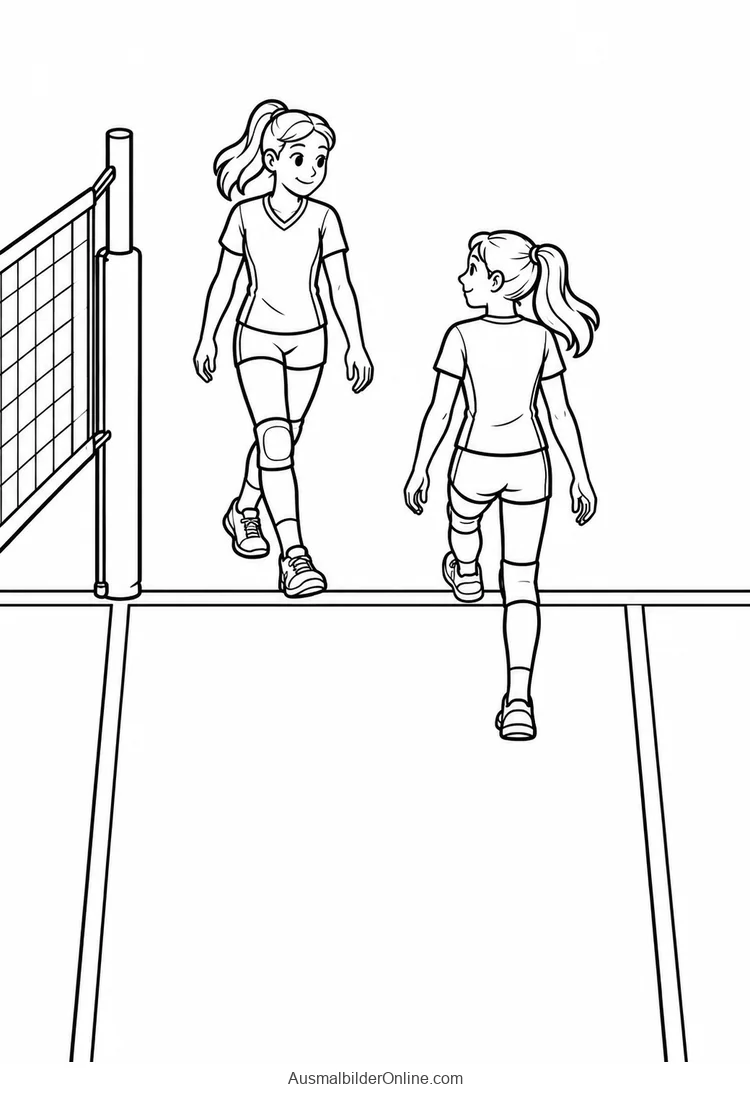 Zwei Volleyballspielerinnen gehen am Netz aufeinander zu