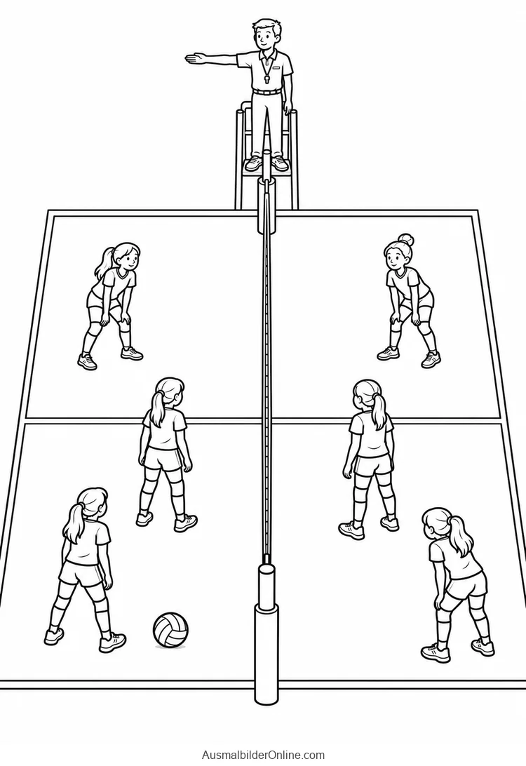 Sechs Volleyballspielerinnen stehen auf beiden Seiten eines Netzes mit Schiedsrichter