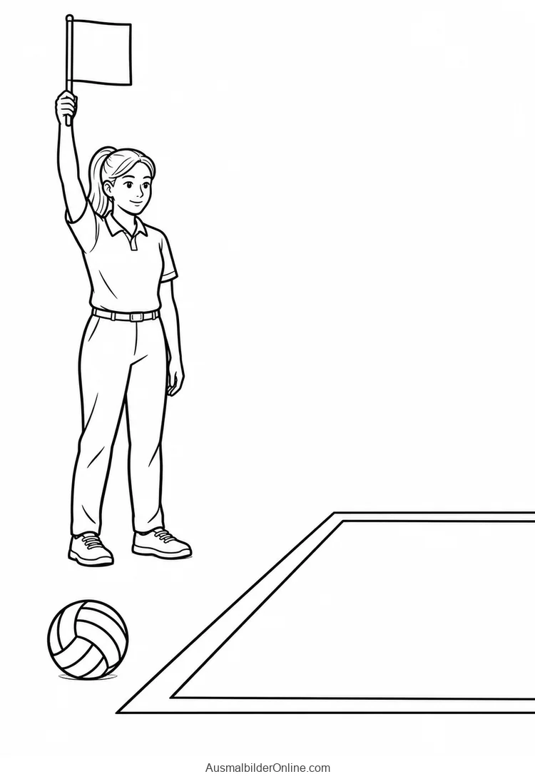 Linienrichterin hebt eine Fahne neben einem Volleyball und einer Spielfeldlinie