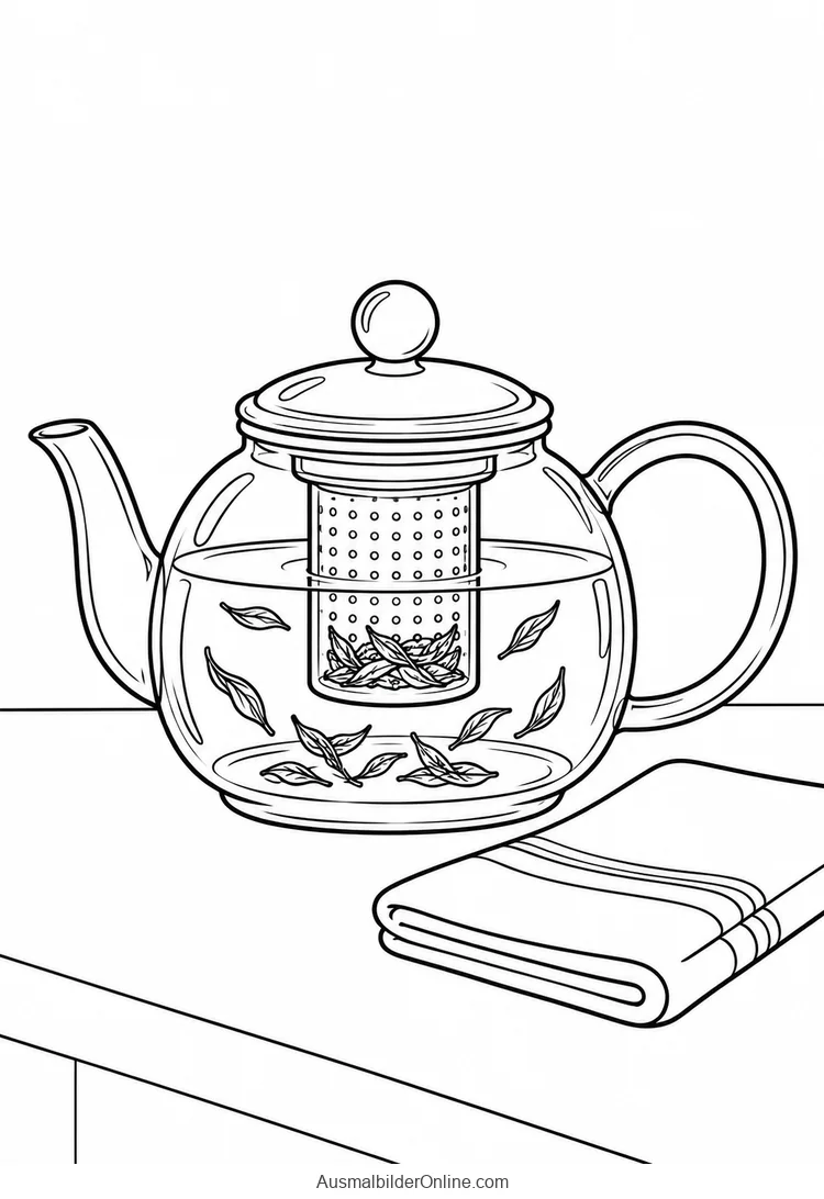 Eine gläserne Teekanne mit Siebeinsatz und Teeblättern steht auf einem Tisch