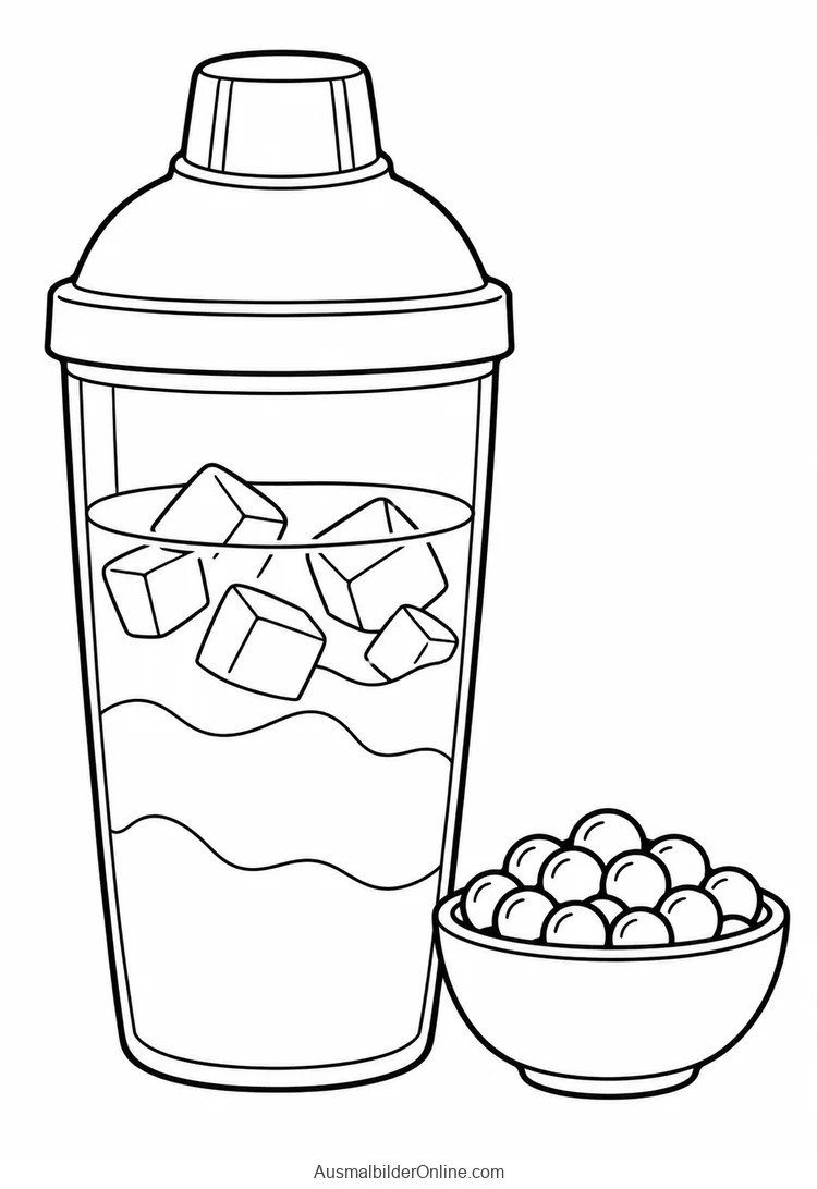 Ein Shaker mit Eiswürfeln steht neben einer kleinen Schale mit Perlen