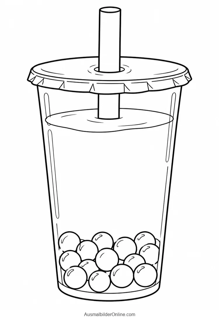 Ein Bubble-Tea-Becher mit Deckel und dickem Trinkhalm enthält runde Perlen am Boden