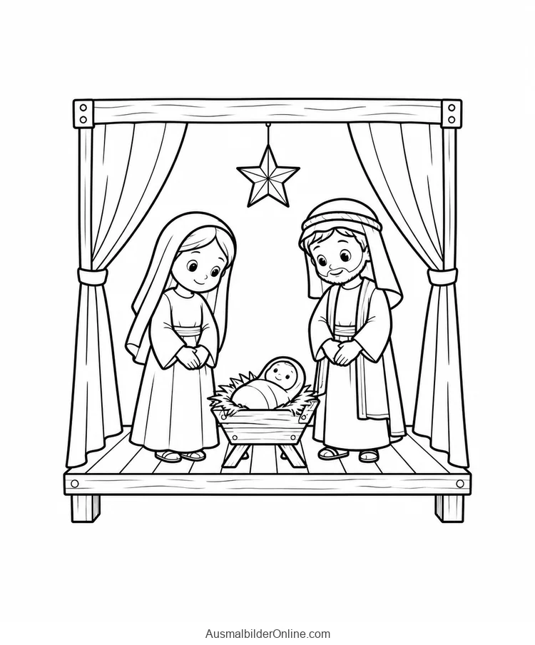 Kinder als Maria und Josef stehen mit einer Babyfigur in einer Krippe auf einer kleinen Bühne
