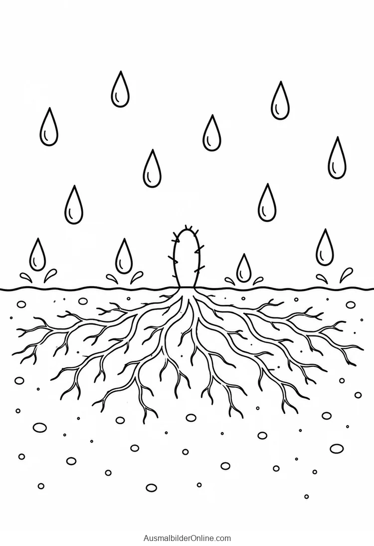 Kleiner Kaktus im Regen mit weit verzweigten Wurzeln im Erdquerschnitt
