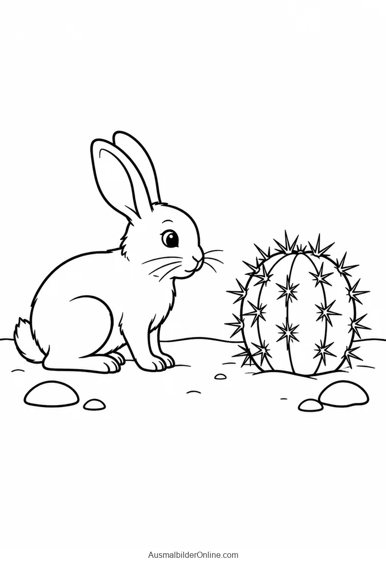 Hase sitzt neben einem runden stacheligen Kaktus zwischen kleinen Steinen