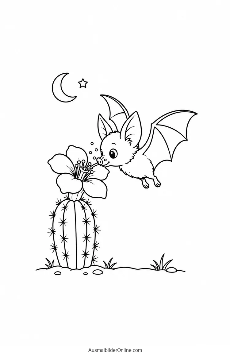 Fledermaus fliegt zu einer großen Kaktusblüte unter Mond und Stern