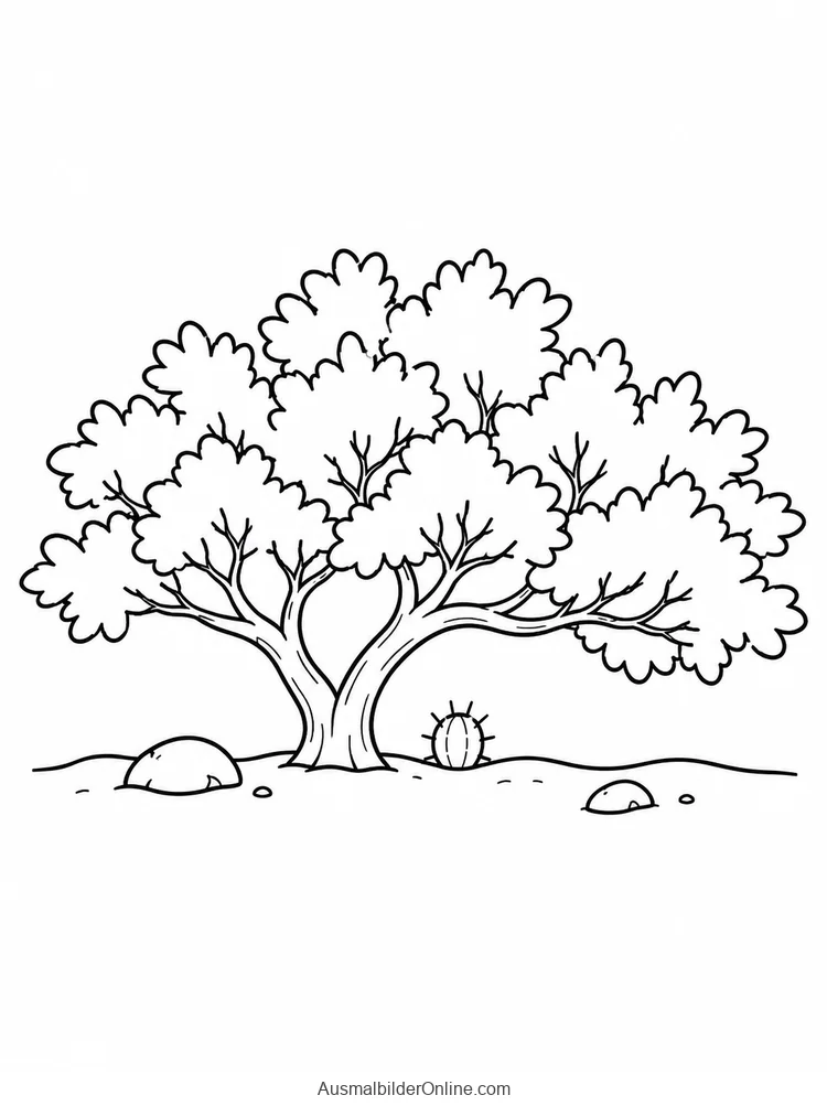 Kleiner Kaktus steht unter einem breiten verzweigten Wüstenbaum