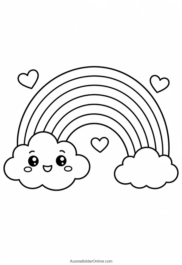 Lächelnde Kawaii-Wolken stehen unter einem großen Regenbogen