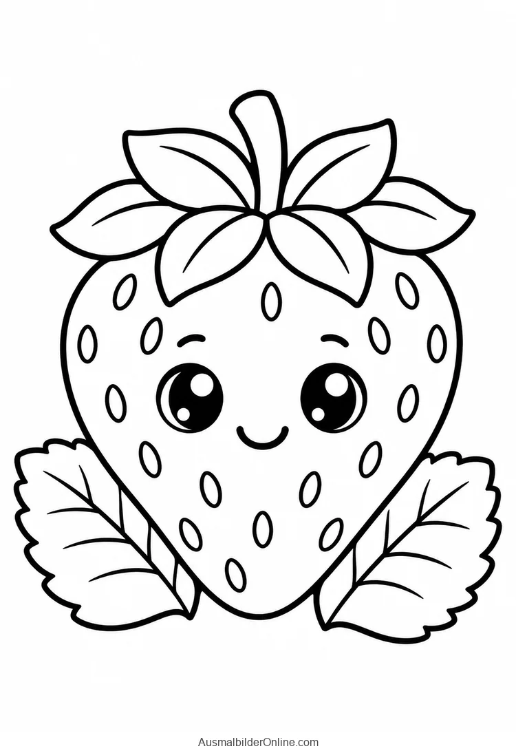 Eine lächelnde Kawaii-Erdbeere sitzt neben zwei großen Blättern