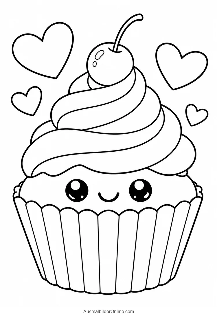 Ein fröhlicher Kawaii-Cupcake mit Sahnehaube und Kirsche steht unter Herzen