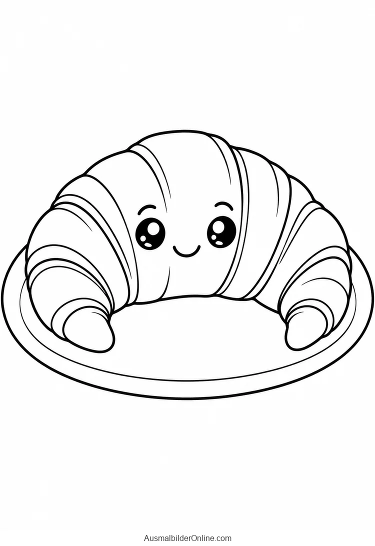 Ein fröhliches Kawaii-Croissant liegt auf einem runden Teller