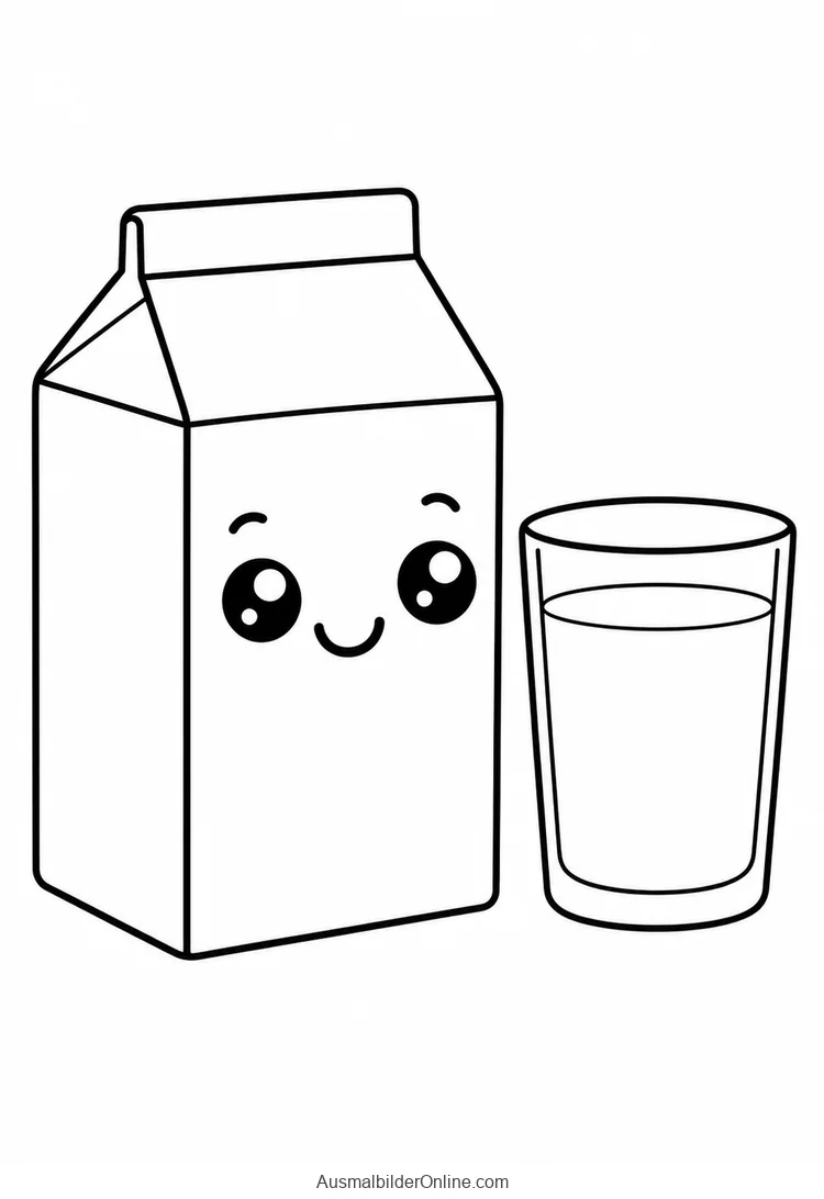 Eine lächelnde Kawaii-Milchtüte ohne Beschriftung steht neben einem Glas