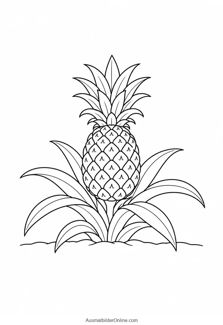 Eine Ananasfrucht wächst zwischen langen Blättern an einer Pflanze