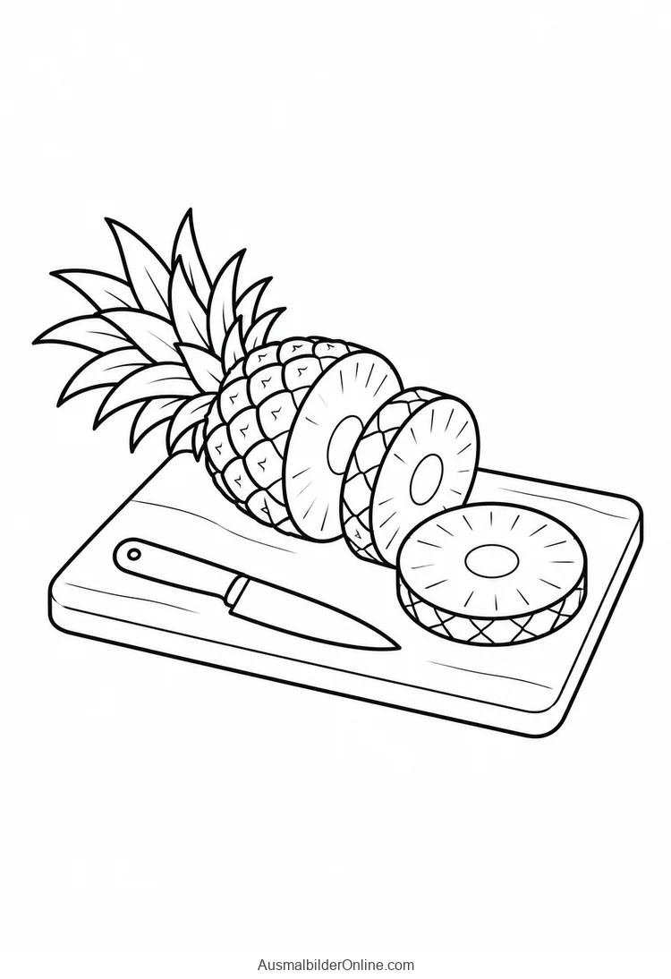 Eine angeschnittene Ananas mit Scheiben liegt auf einem Schneidebrett neben einem Messer