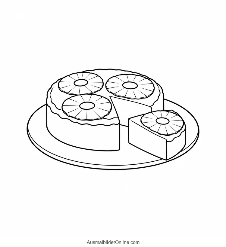 Ein runder Kuchen mit Ananasringen steht mit herausgenommenem Stück auf einem Teller