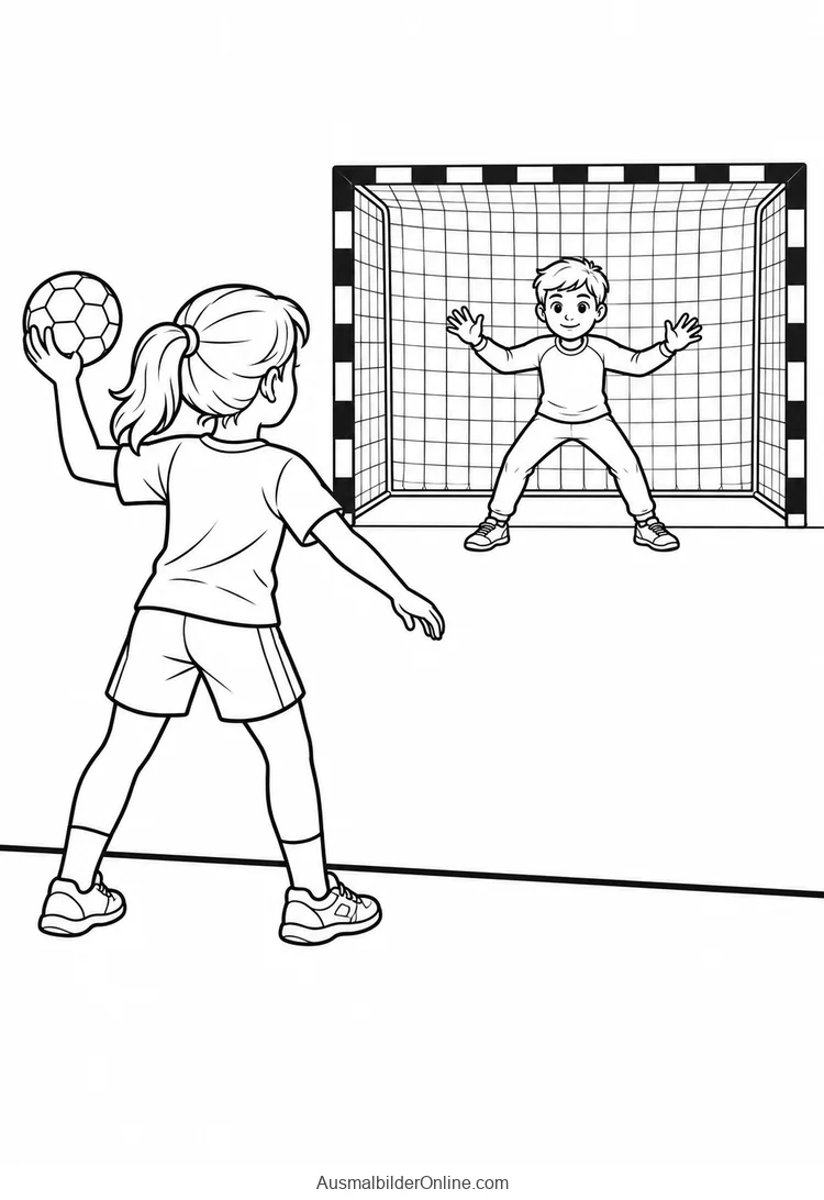 Ein Mädchen hält einen Handball vor einem Tor mit einem jungen Torwart