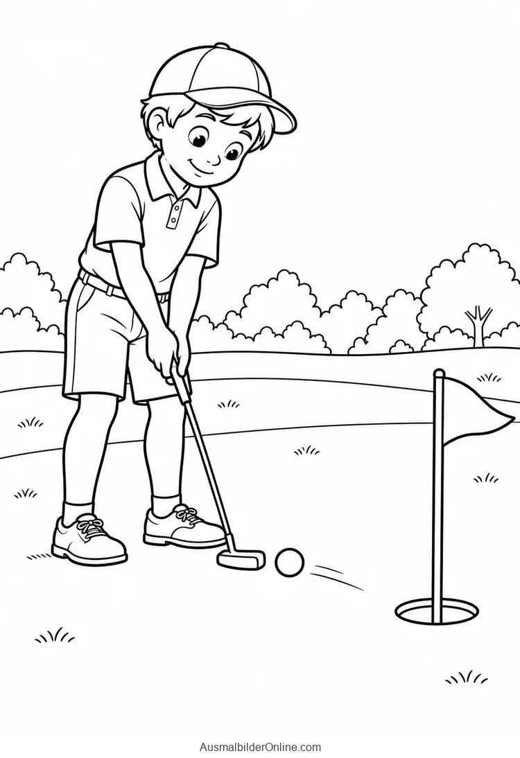 Ein Junge mit Schirmmütze führt einen Golfschläger neben einem Ball und einem Loch mit Fähnchen
