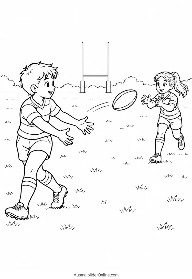 Zwei Kinder spielen sich vor einem Rugbytor einen ovalen Ball zu