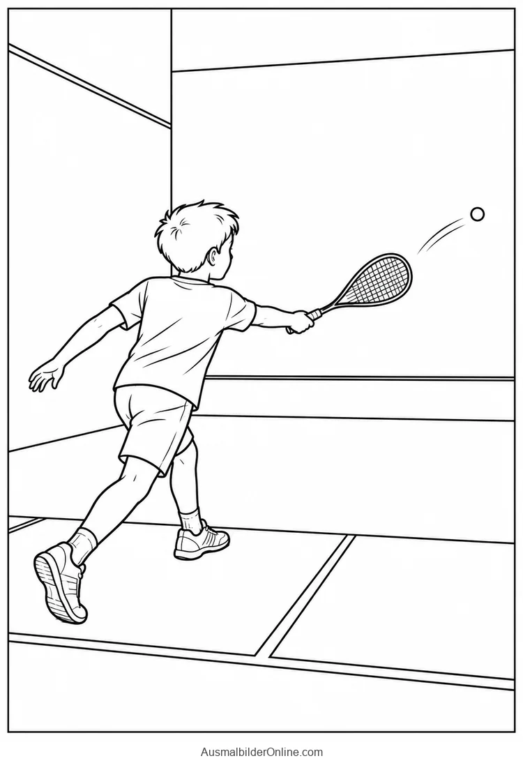 Ein Kind spielt mit einem Schläger einen kleinen Ball gegen die Wand eines Squashfeldes