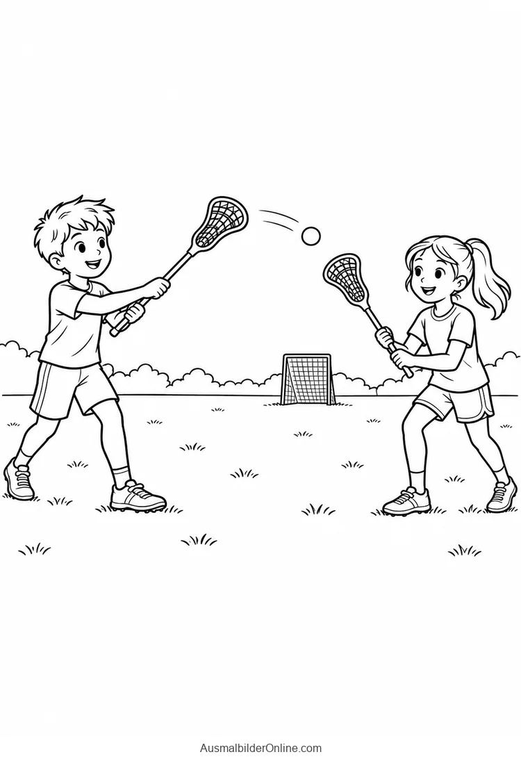 Zwei Kinder mit Netzschlägern spielen sich einen kleinen Ball auf einer Wiese zu