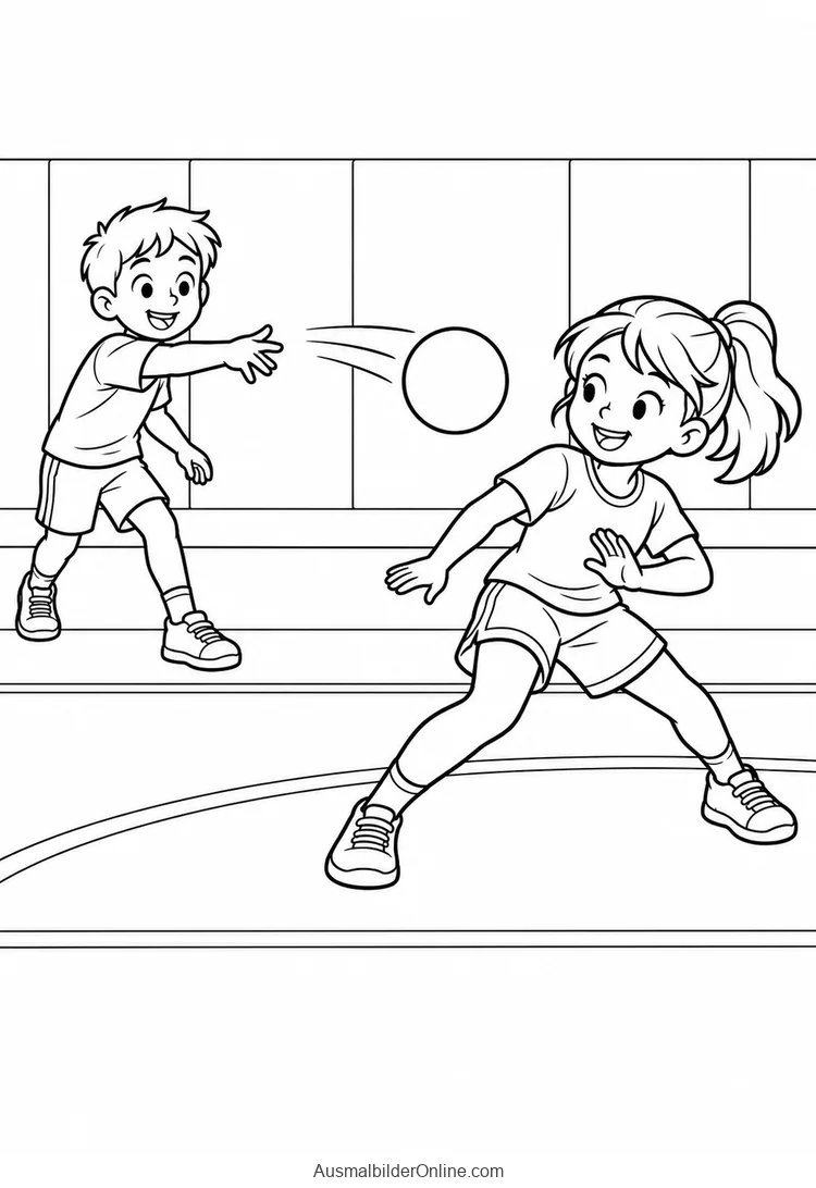 Ein Junge wirft einen Ball in Richtung eines ausweichenden Mädchens in einer Sporthalle