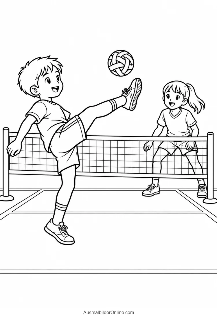Ein Junge hebt ein Bein zu einem geflochtenen Ball über einem niedrigen Netz, ein Mädchen steht gegenüber