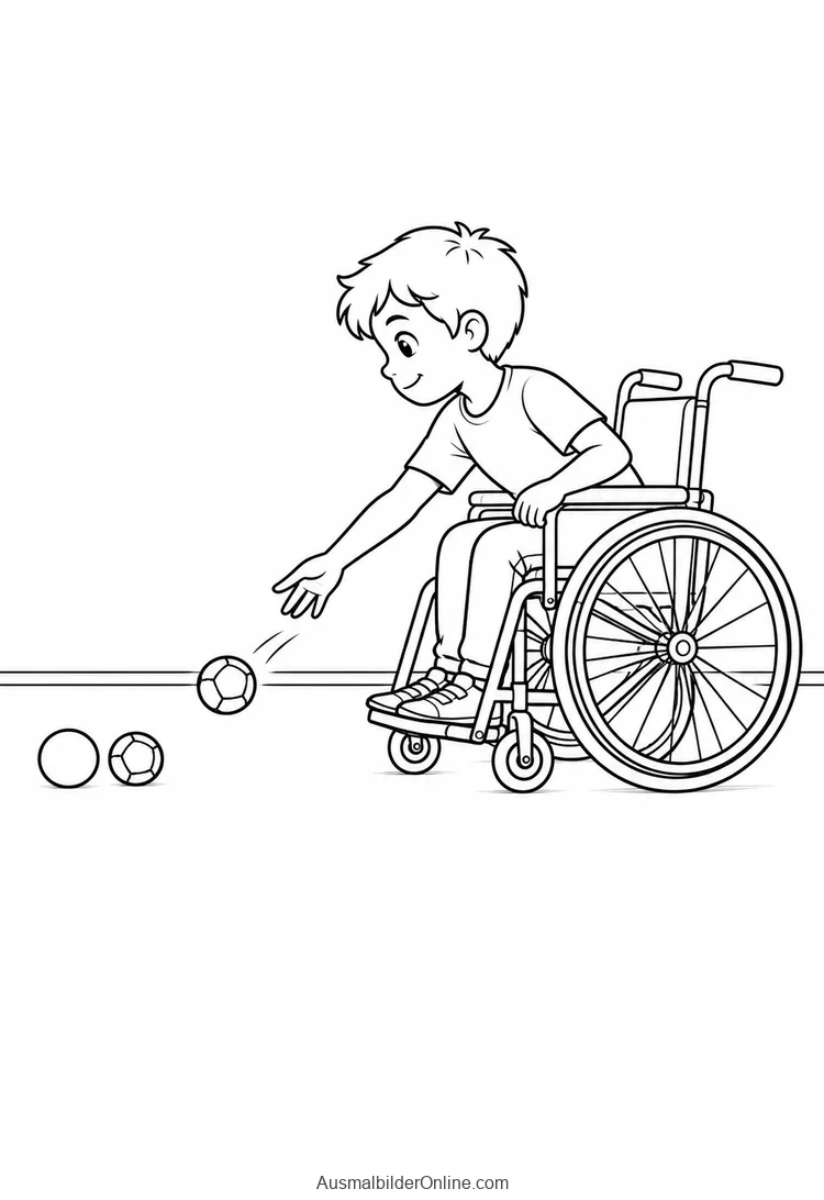 Ein Junge im Rollstuhl wirft eine Kugel auf ein Spielfeld mit weiteren Kugeln
