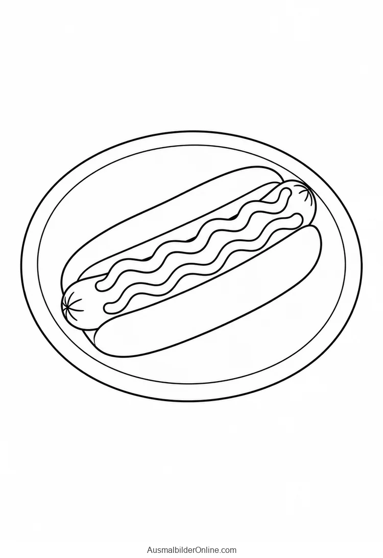Ein Hotdog mit einer gewellten Saucenlinie liegt auf einem runden Teller